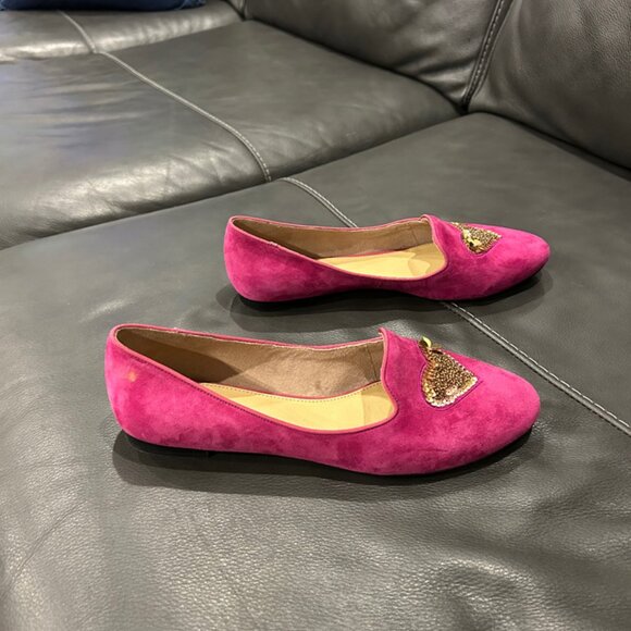 Talbots Raspberry Suede Ryan Novelty Gold Heart Comfort Flats (US 9.5M) - Picture 2 of 9